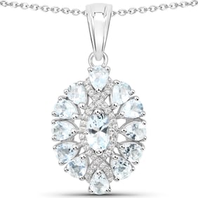 1.89 Carat Genuine Aquamarine and White Topaz , .925   Sterling Silver Pendant