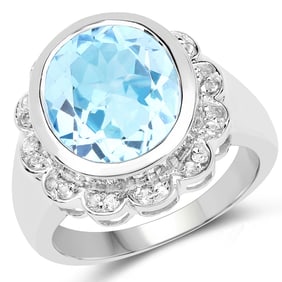 5.39 Carat Genuine Blue Topaz and White Topaz , .925   Sterling Silver Ring