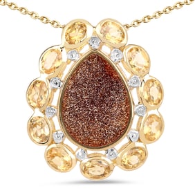 14K Yellow Gold Plated 5.14 Carat Genuine Red Droozi and Citrine , .925   Sterling Silver Pendant