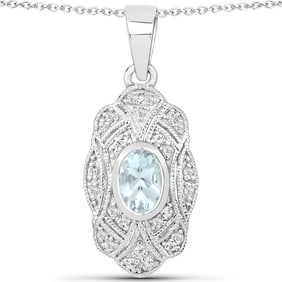 0.48 Carat Genuine Aquamarine and White Topaz , .925   Sterling Silver Pendant