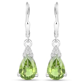 2.80 Carat Genuine Peridot and White Zircon , .925   Sterling Silver Earrings