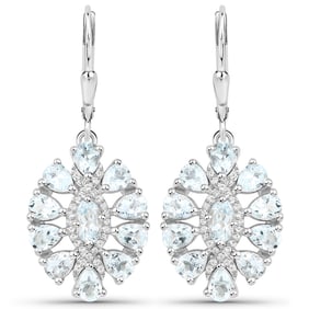 2.93 Carat Genuine Aquamarine and White Topaz , .925   Sterling Silver Earrings
