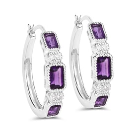 2.18 Carat Genuine Amethyst and White Topaz , .925   Sterling Silver Earrings