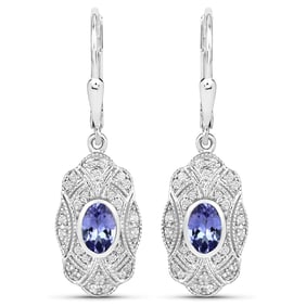 1.12 Carat Genuine Tanzanite and White Topaz , .925   Sterling Silver Earrings
