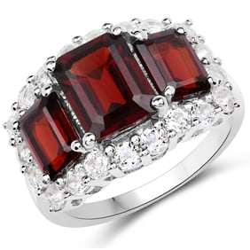 6.55 Carat Genuine Garnet and White Topaz , .925   Sterling Silver Ring
