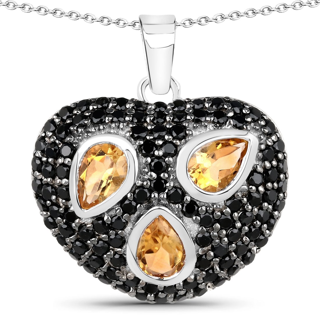 3.19 Carat Genuine Citrine and Black Spinel , .925 Sterling Silver Pendant: Citrine: Pear/6x4mm 3/1.11 Carat Total Weight, Black Spinel: Round/1.50mm 104/2.08 Carat Total Weight, .925 Sterling Silver,