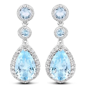 9.46 Carat Genuine Blue Topaz & White Topaz , .925   Sterling Silver Earrings