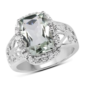 3.94 Carat Genuine Green Amethyst and White Topaz , .925   Sterling Silver Ring