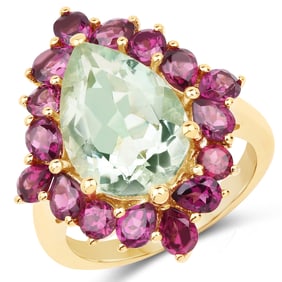 14K Yellow Gold Plated 7.21 Carat Genuine Green Amethyst and Rhodolite , .925   Sterling Silver Ring