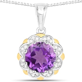 1.87 Carat Genuine Amethyst and White Diamond 14K Yellow Gold with , .925   Sterling Silver Pendant