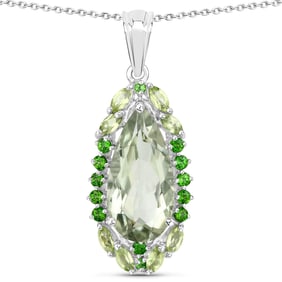 5.54 Carat Genuine Green Amethyst, Peridot and Chrome Diopside , .925   Sterling Silver Pendant