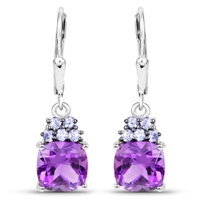 3.95 Carat Genuine Amethyst and Tanzanite , .925   Sterling Silver Earrings