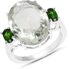 8.34 Carat Genuine Green Amethyst and Chrome Diopside , .925   Sterling Silver Ring