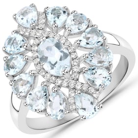 1.89 Carat Genuine Aquamarine and White Topaz , .925   Sterling Silver Ring