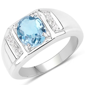 2.18 Carat Genuine London Blue Topaz and White Topaz , .925   Sterling Silver Ring