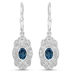 1.32 Carat Genuine London Blue Topaz and White Topaz , .925   Sterling Silver Earrings