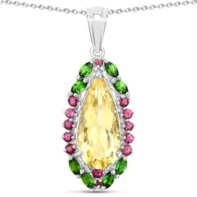 6.19 Carat Genuine Citrine, Chrome Diopside and Rhodolite Garnet , .925   Sterling Silver Pendant
