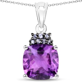 6.10 Carat Genuine Amethyst and Tanzanite , .925   Sterling Silver Pendant