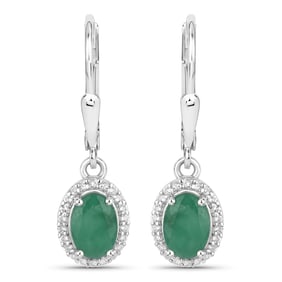 1.72 Carat Genuine Emerald and White Topaz , .925   Sterling Silver Earrings