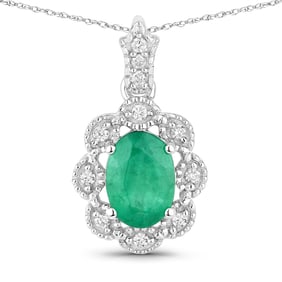 0.79 Carat Genuine Zambian Emerald and White Diamond 10K White Gold Pendant