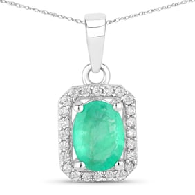 0.83 Carat Genuine Zambian Emerald and White Diamond 10K White Gold Pendant