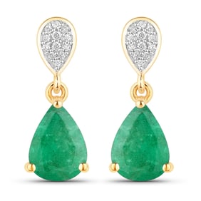 2.28 Carat Genuine Zambian Emerald and White Diamond 10K Yellow Gold Earrings