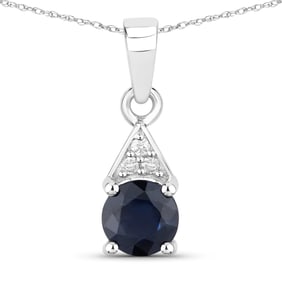 0.88 Carat Genuine Blue Sapphire and White Diamond 10K White Gold Pendant