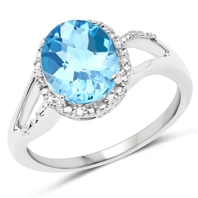 3.29 Carat Genuine Swiss Blue Topaz and White Diamond 10K White Gold Ring
