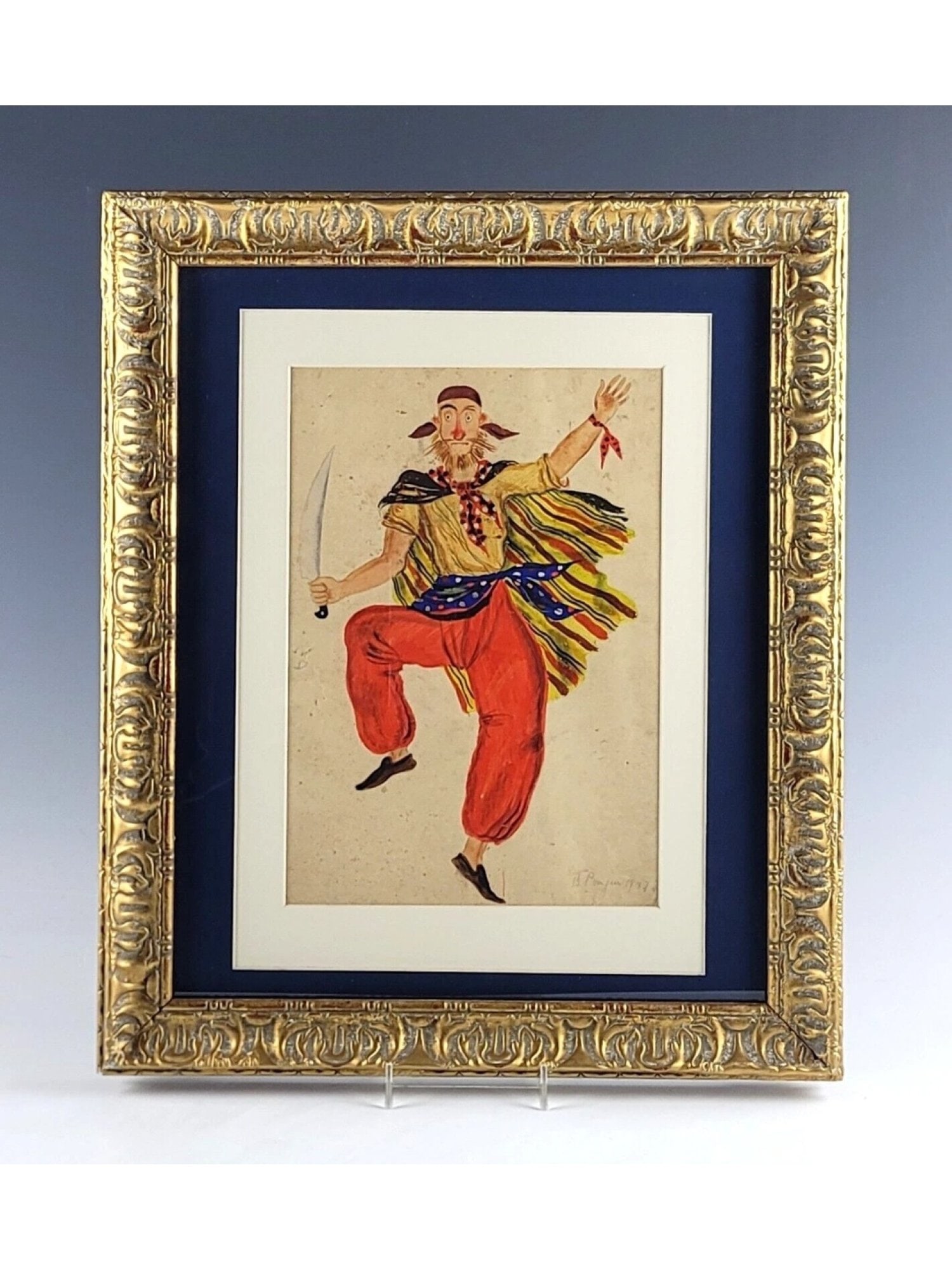 VADIM RYNDIN 1937 THEATRICAL COSTUME GOUACHE PAINTING: An original 1937 gouache and watercolor painting by the highly prominent Soviet theatrical designer and avant-garde artist Vadim Fedorovich Ryndin (1902 - 1974). This vibrant artwork is a spirited cos