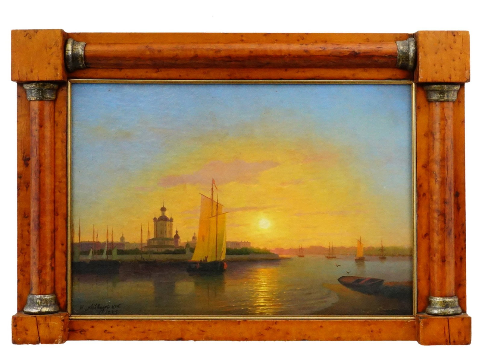ATTR TO IVAN AIVAZOVSKY RUSSIAN SEASCAPE PAINTING: Attributed to Ivan Aivazovsky (Armenian-Russian, 1817–1900). Oil painting on canvas. After the ca. 1845 artwork titled "Smolny Monastery, Saint Petersburg." Signed and dated lower left. Framed. Prov