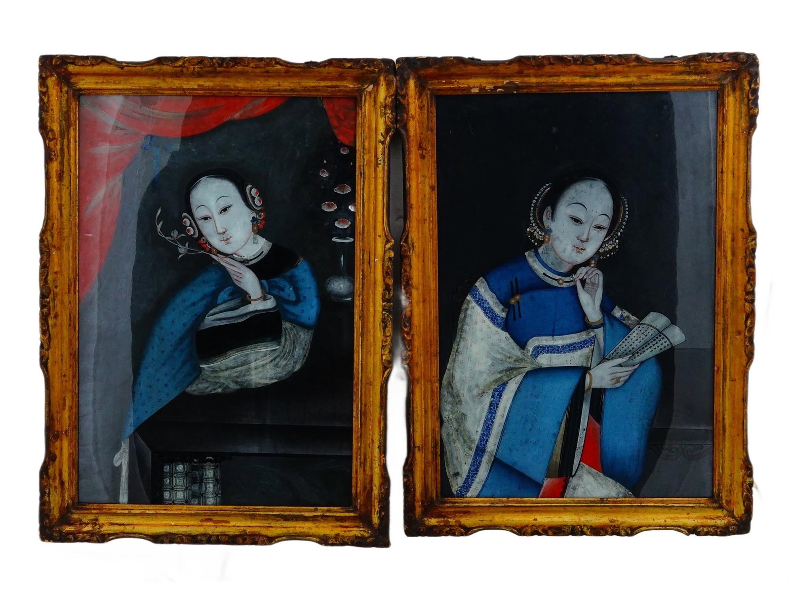 PAIR CHINESE QING REVERSE GLASS COURTESAN PAINTINGS (1 of 7)
