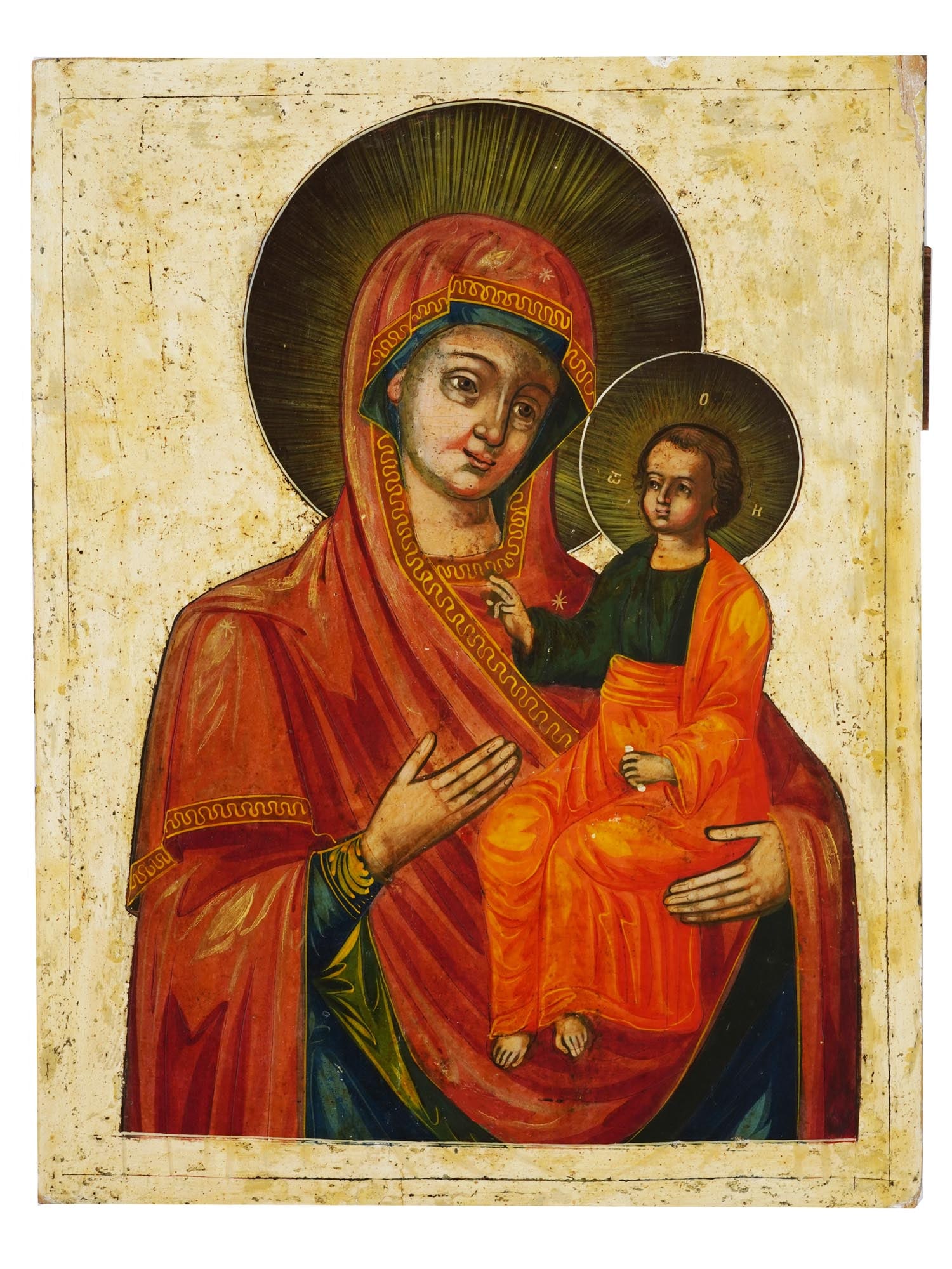 ANTIQUE 18TH C RUSSIAN ICON SMOLENSK MOTHER OF GOD: An antique Russian Orthodox icon of Smolensk Mother of God. Dated 18th century. Mixed media painting: egg tempera, gesso, and levkas on a wood board with gilding. Virgin of Smolensk is a highly ve