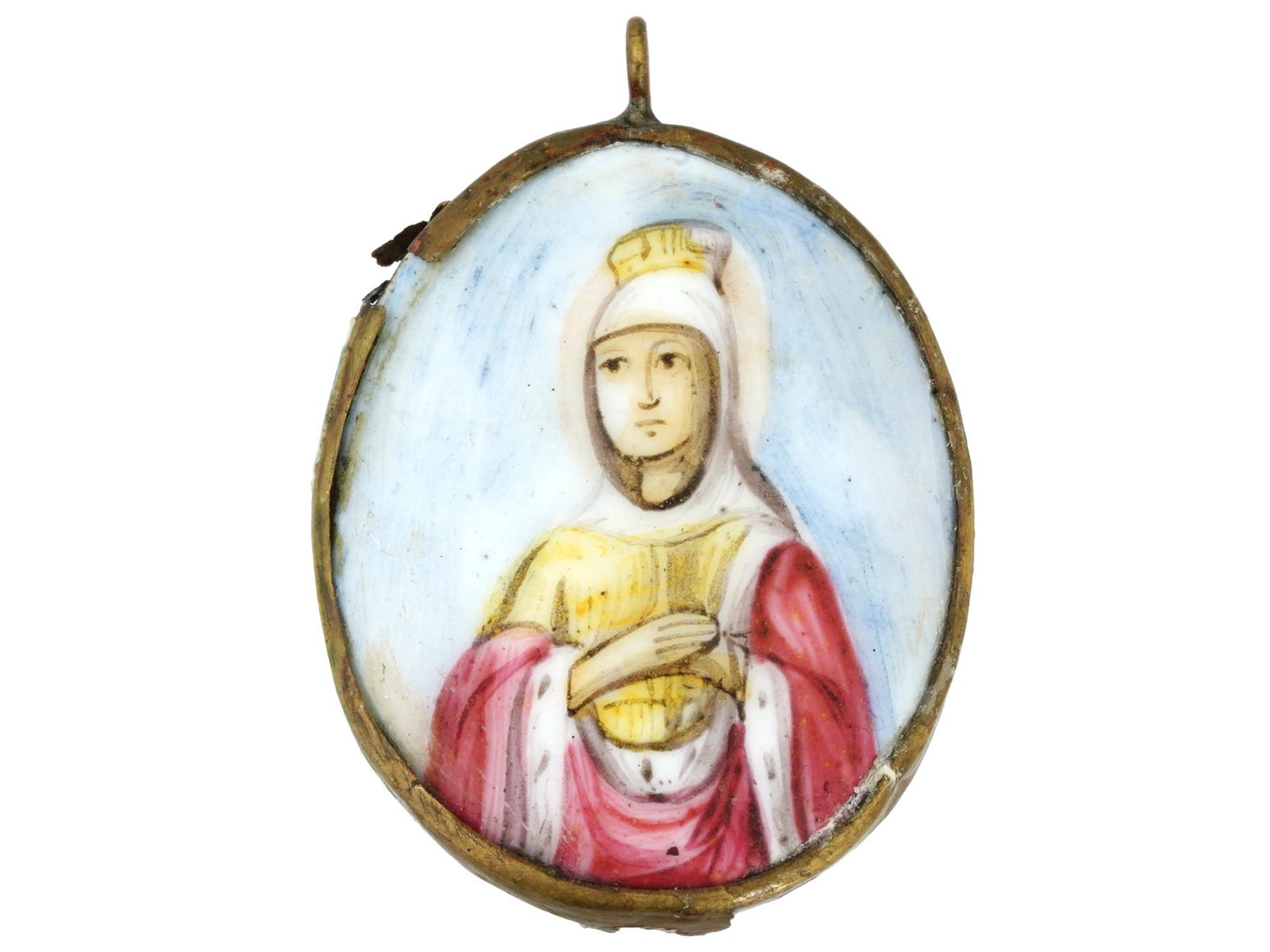 ANTIQUE RUSSIAN FINIFT ENAMEL ICON PENDANT ST ALEXANDRA: An antique Russian Orthodox icon pendant depicting Saint Alexandra of Rome, dating to the 19th century. The oval plaque is hand painted in enamel using the traditional finift technique, renowned for i
