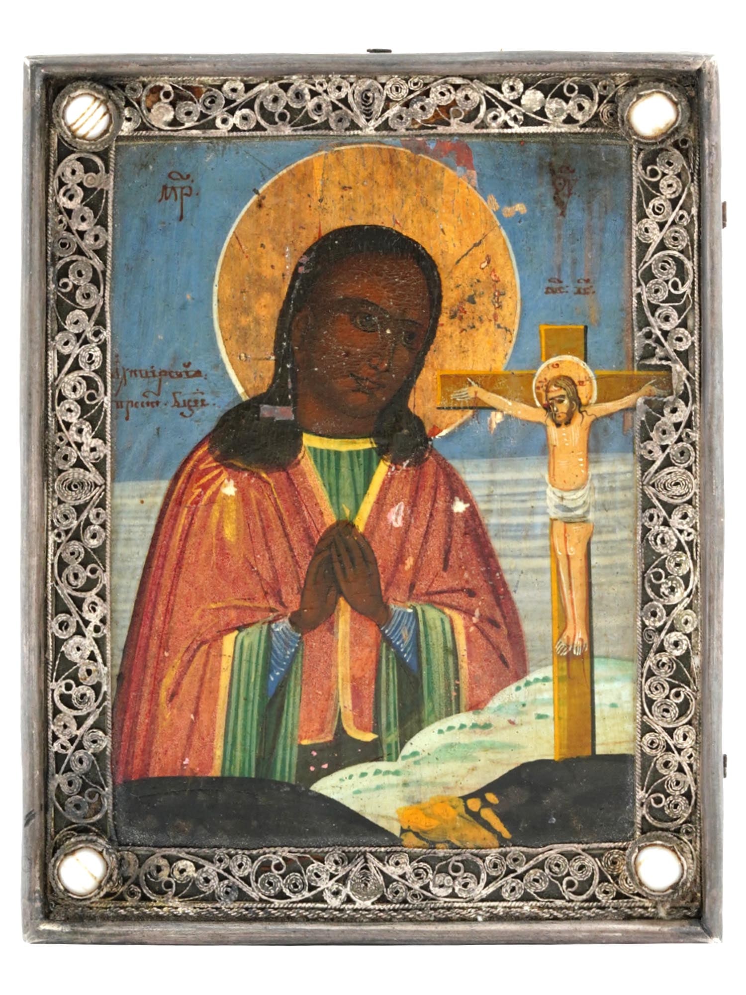 ANTIQUE 19TH C RUSSIAN ICON OF AKHTYR MOTHER OF GOD: An antique Russian Orthodox icon depicting Our Lady of Akhtyr, dating to the early 19th century. The icon presents the Mother of God in prayer before Christ on the Cross, a distinctive and theological
