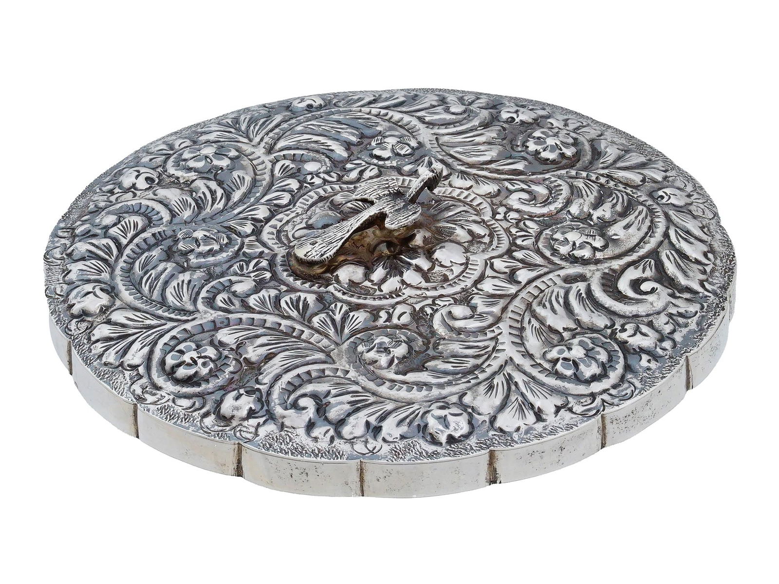 EGYPTIAN 900 SILVER FLORAL REPOUSSE MIRROR: A vintage Egyptian circular hand mirror crafted from 900 solid silver, featuring an intricately decorated reverse with dense repoussé and chased scrolling floral and foliate motifs. The center is hig