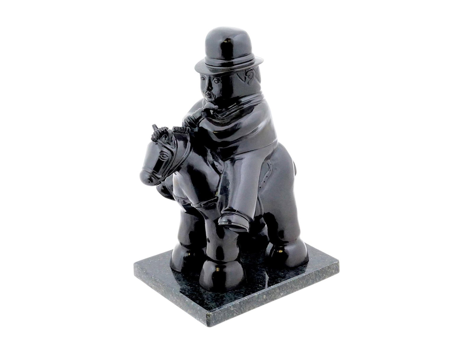AFTER BOTERO BRONZE MAN ON HORSE 1984: A substantial bronze sculpture cast in the voluminous "Boterismo" style after Fernando Botero, depicting a man in a bowler hat atop a stout horse, finished in a dark patina and mounted on a mottled st