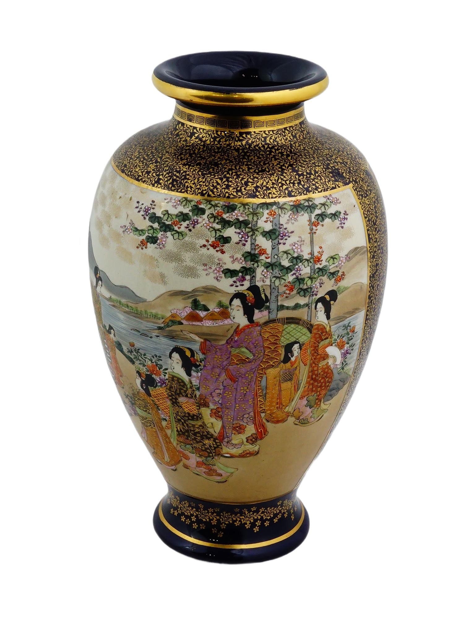 ANTIQUE JAPANESE MEIJI SATSUMA PORCELAIN VASE SIGNED: An antique Japanese Satsuma porcelain vase of baluster shape. Late Meiji period, before 1912. The hand-painted body features two multi-figure scene panels of noble women in landscape scenery. Cobalt b