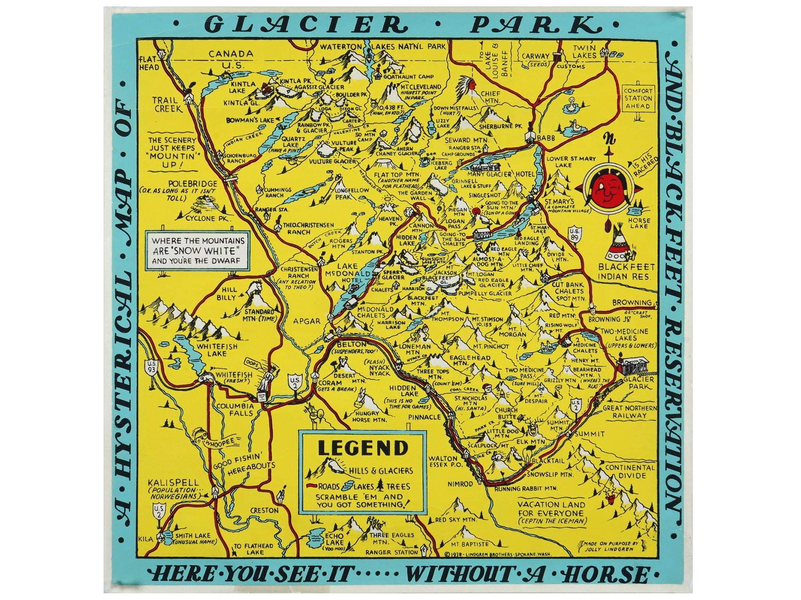 LINDGREN BROTHERS HYSTERICAL MAP OF GLACIER PARK POSTER: Lindgren Brothers (American company, active 1928–1971). Color lithograph print on paper, a pictorial map covering Glacier National Park and the Blackfeet Indian Reservation. Titled "A Hysterical Map
