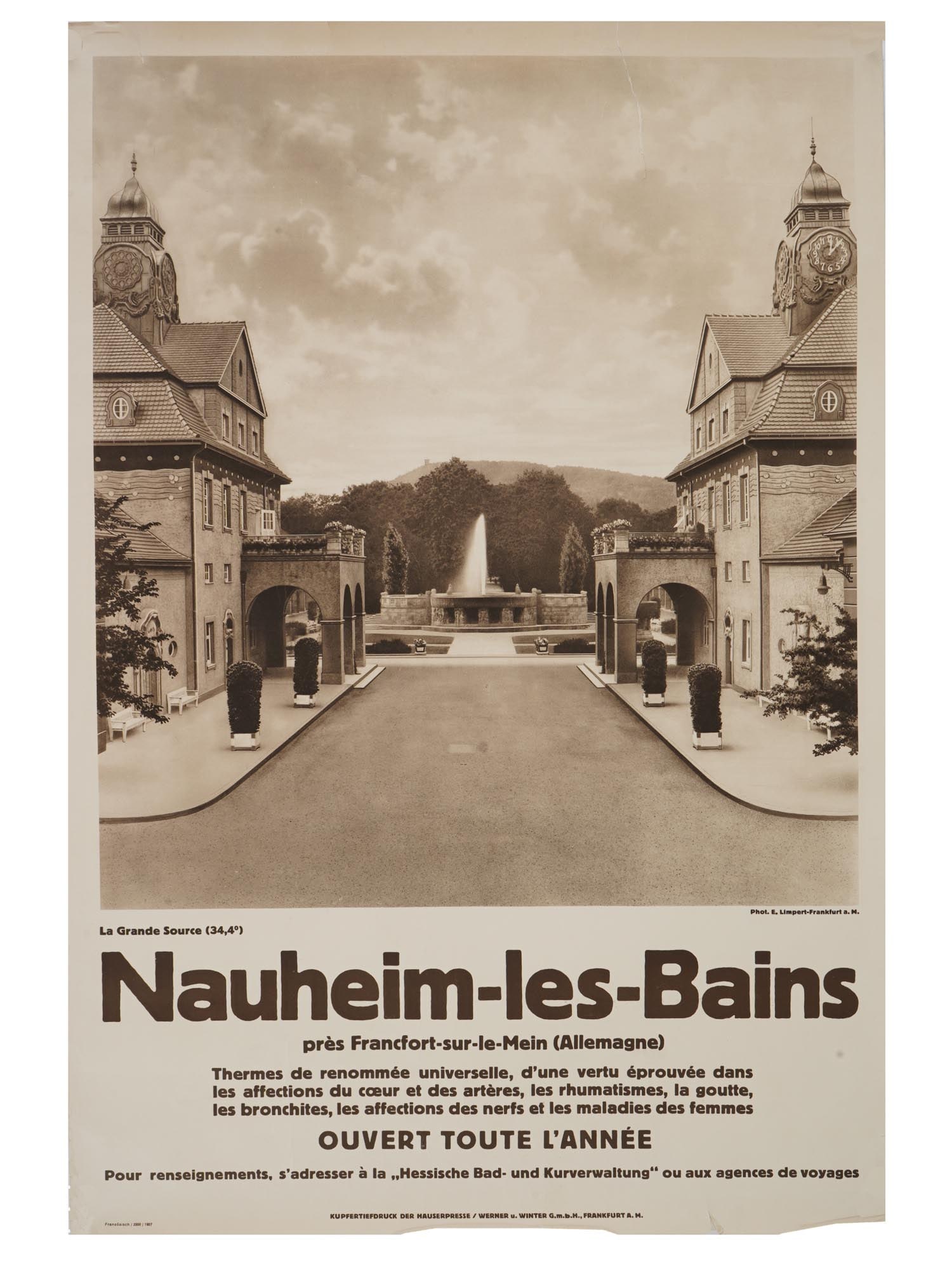 1930S GERMAN-FRENCH TRAVEL POSTER SPA IN NAUHEIM: A travel poster promoting the renowned Spa in Nauheim, Germany. Dated ca. 1935. Titled in French: "Nauheim-les-Bains". Photograph by E. Limpert, Frankfurt-am-Mein. A genuine piece of interwar European
