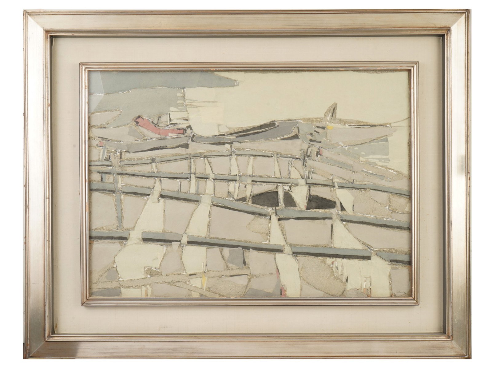 MANNER OF NICOLAS DE STAEL FRENCH ABSTRACT PAINTING: Mixed media painting on canvas. French school, in the style of Nicolas de Stael (1914–1955). Abstract maritime composition with boats. Greyscale color palette, impasto technique with the use of a pa