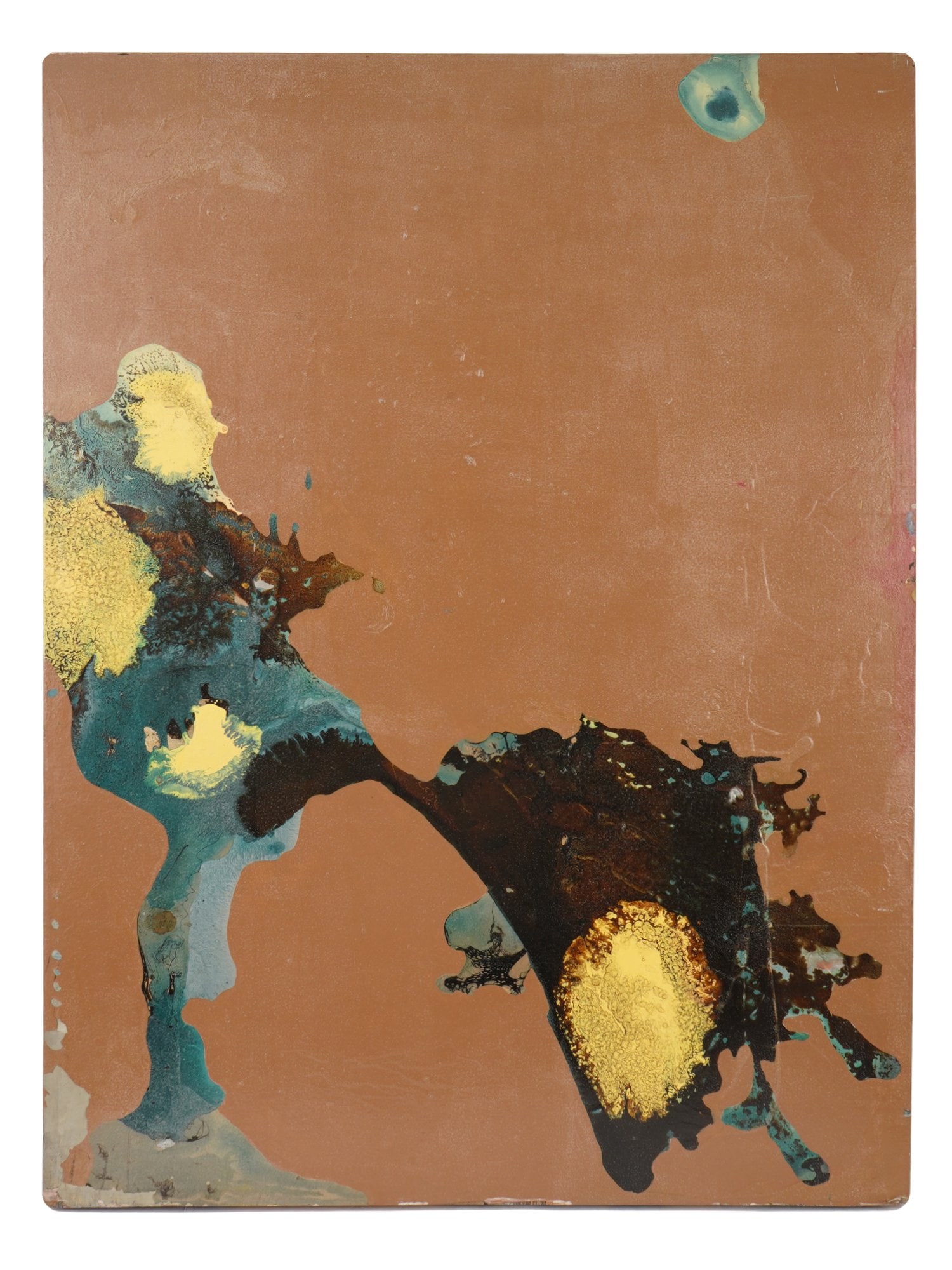 KEVIN AUZENNE AFRICAN AMERICAN ABSTRACT OIL PAINTING: Kevin Auzenne (American, b. 1971). Oil painting on board. Abstract composition, an expressive combination of warm terracotta background tones with contrasting patches of blue-green, dark brown and bri