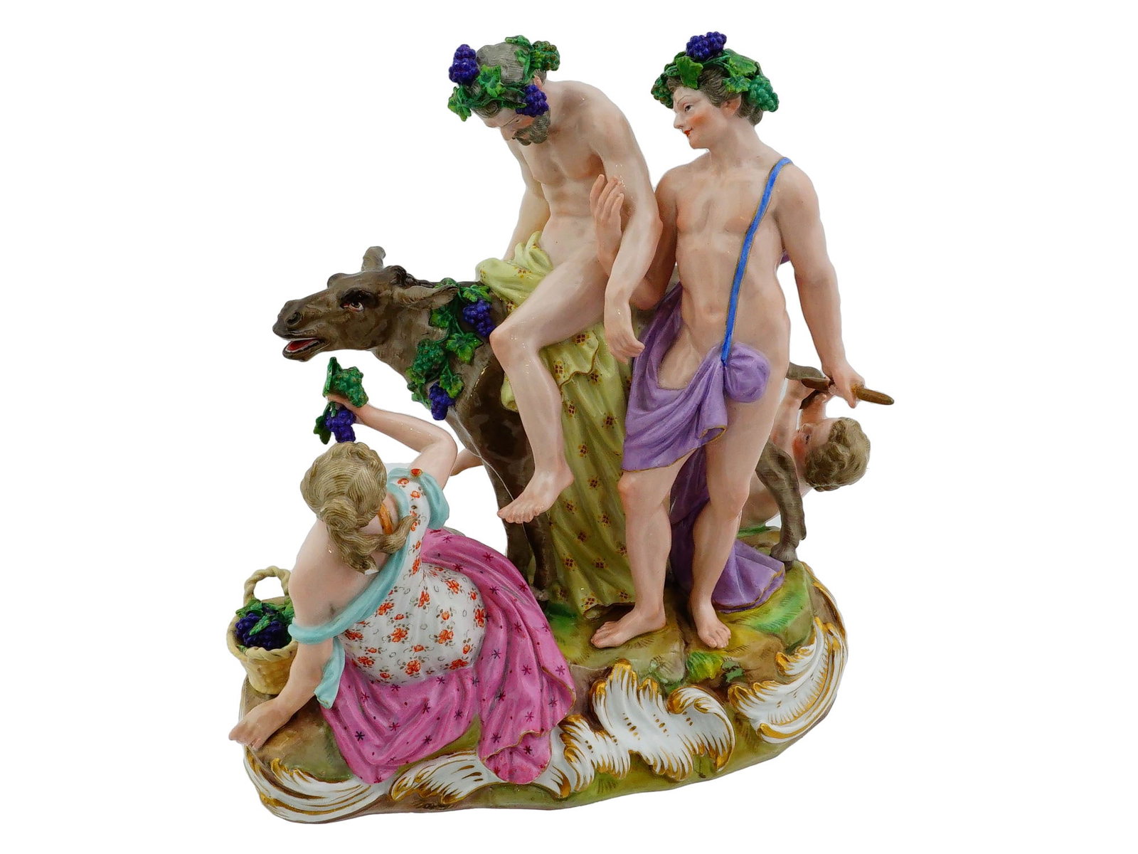 MEISSEN PORCELAIN FIGURE OF THE DRUNKEN SILENUS: An antique German hand-painted porcelain figurine by Meissen. Dated mid-19th century. Modelled by Ernst August Leuteritz, ca. 1860–1870.The piece represents Silenus supported by Bacchus and slumped 