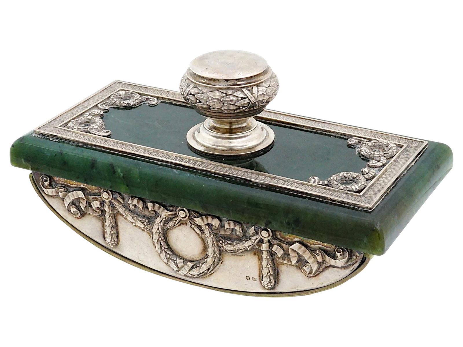 OVCHINNIKOV RUSSIAN SILVER AND JADE INK BLOTTER: An Imperial Russian silver and jade ink roller blotter. Dated early 20th century. Laurel wreath motif. Hallmark of 84 silver standard and makers mark 'M. Ovchinnikov' on the backside. Pavel Ovchinn