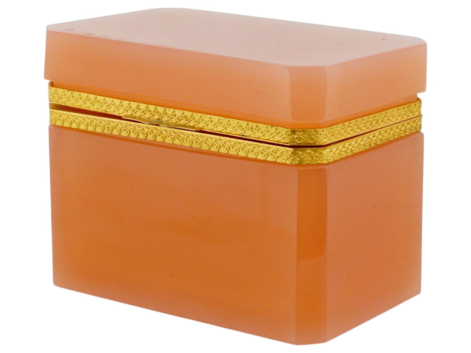 ANTIQUE FRENCH CORAL PINK OPALINE GLASS CASKET ATTR BACCARAT: A vibrant and heavy antique French opaline glass trinket box or casket, attributed to Baccarat, dating to the mid-19th century (circa 1850–1870). The thick-walled glass is rendered in a highly desir