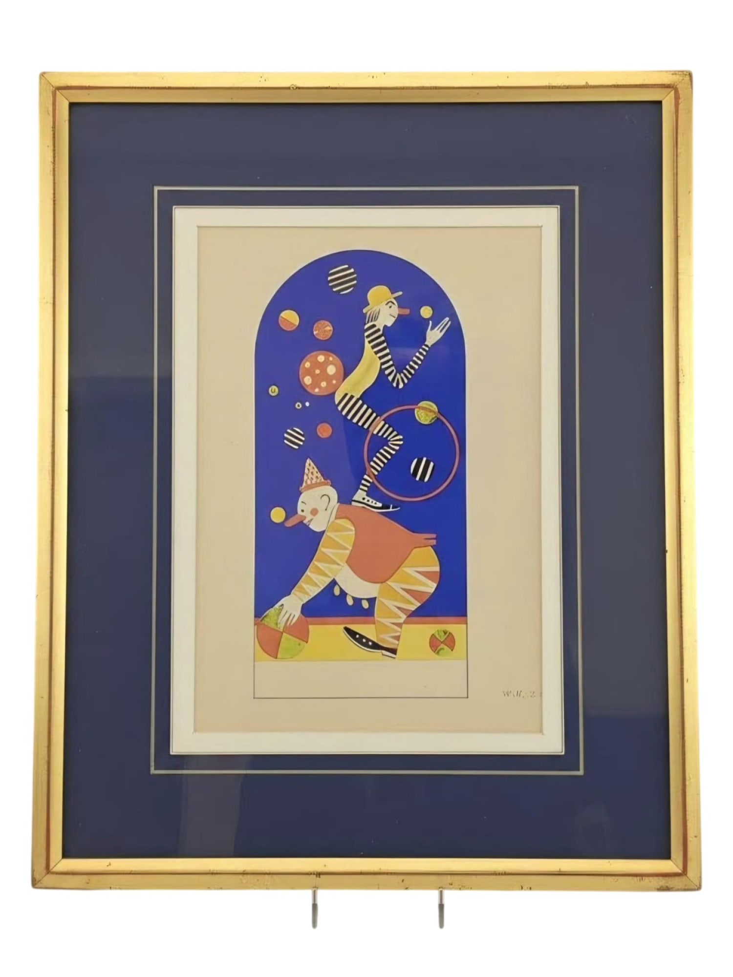 VADIM RYNDIN RUSSIAN AVANT-GARDE CIRCUS PAINTING, 1936: An original mixed media theatrical or circus design by prominent Russian artist Vadim Ryndin, executed in 1936. The vibrant composition depicts two stylized clown figures performing a balancing and ju