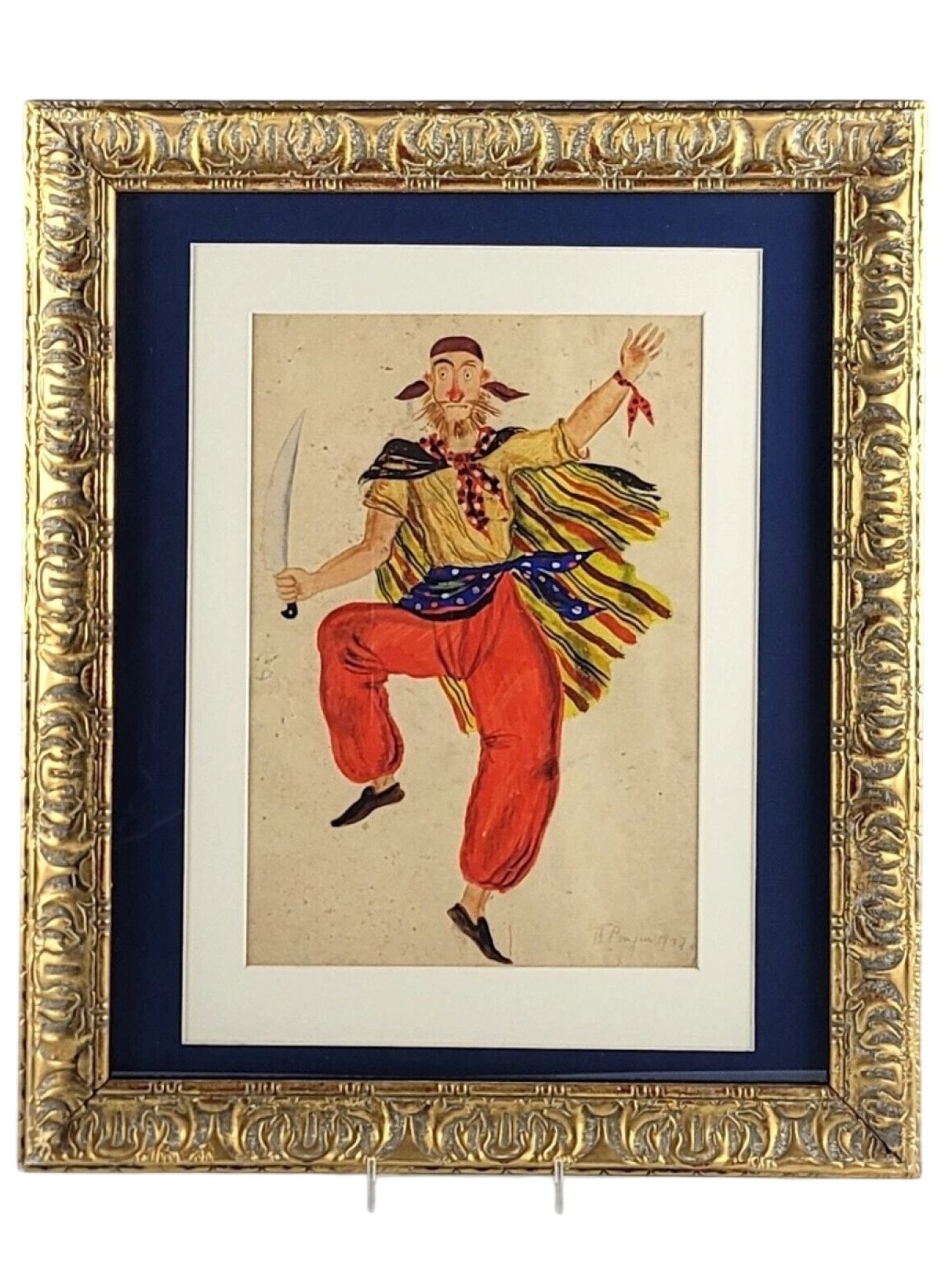 VADIM RYNDIN 1937 THEATRICAL COSTUME GOUACHE PAINTING: An original 1937 gouache and watercolor painting by the highly prominent Soviet theatrical designer and avant-garde artist Vadim Fedorovich Ryndin (1902 - 1974). This vibrant artwork is a spirited cos