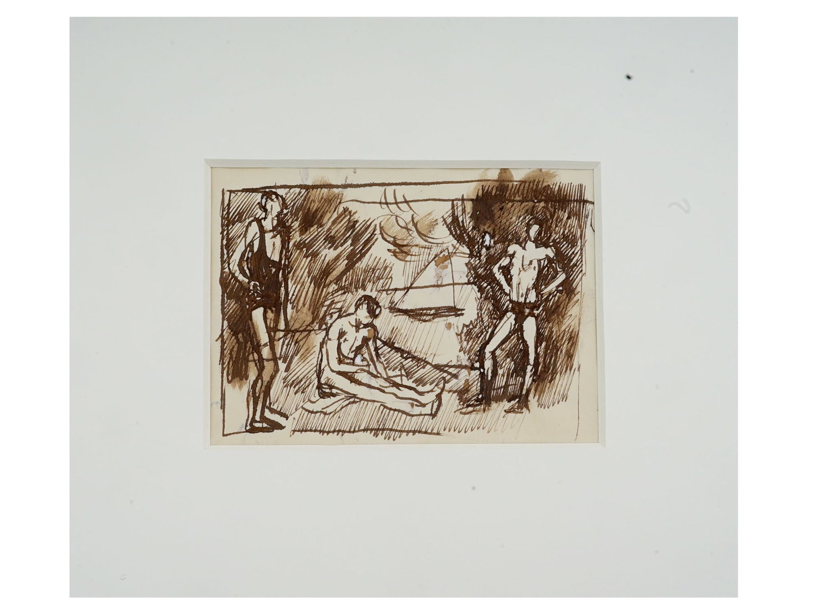PAVEL TCHELITCHEW SEPIA SKETCH PAINTING OF BATHERS: A rapid, dynamic sepia ink and wash sketch by Russian-American Neo-Romantic master Pavel Tchelitchew (1898-1957). The composition depicts three male bather - ?two standing and one seated - ?rendered w