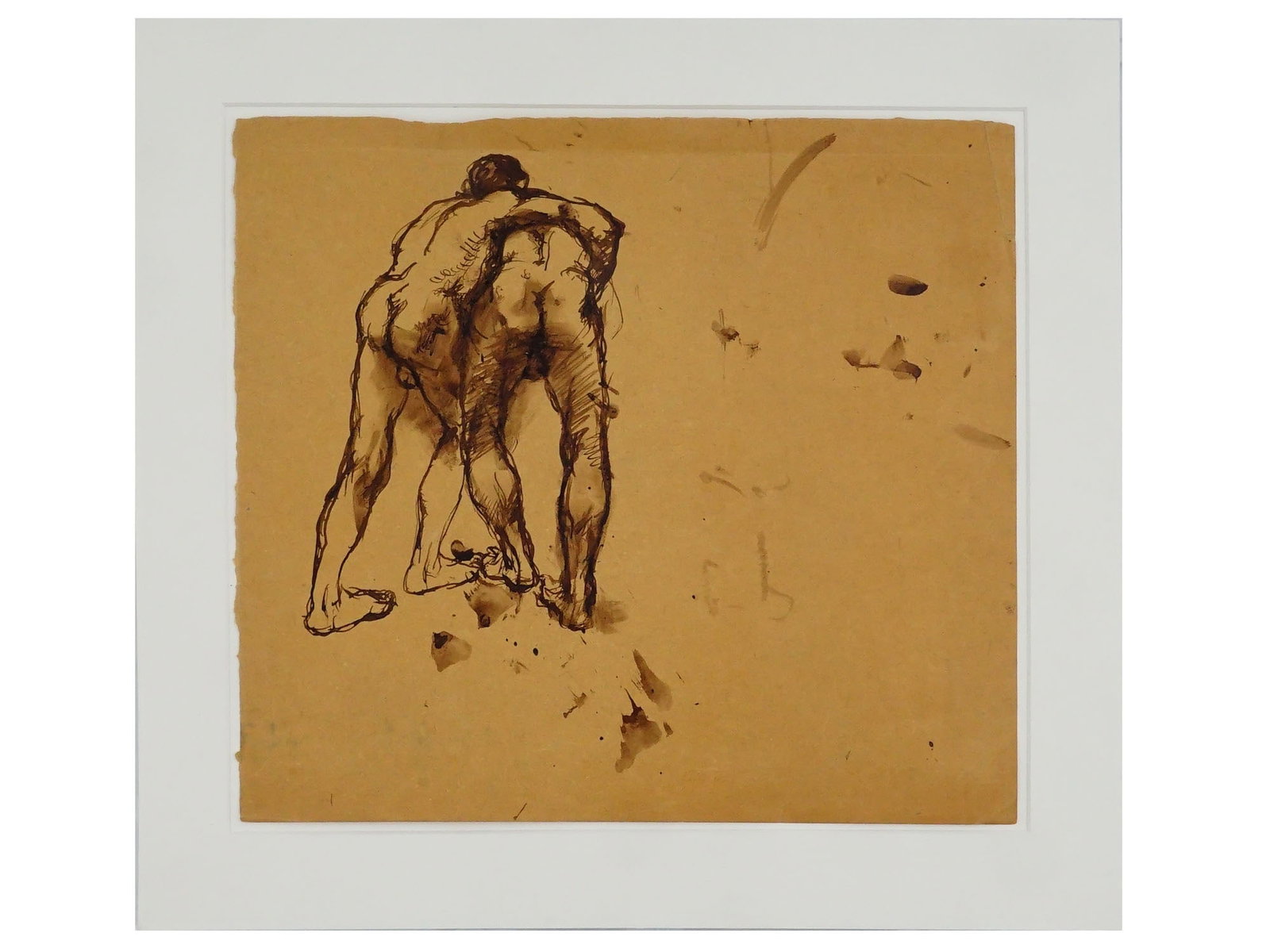 PAVEL TCHELITCHEW INK STUDY PAINTING OF TWO MALE FIGURES: A dynamic and expressive sepia ink and wash drawing by Russian-American Neo-Romantic master Pavel Tchelitchew (1898-1957). The composition is a vigorous anatomical study of two muscular male figures (