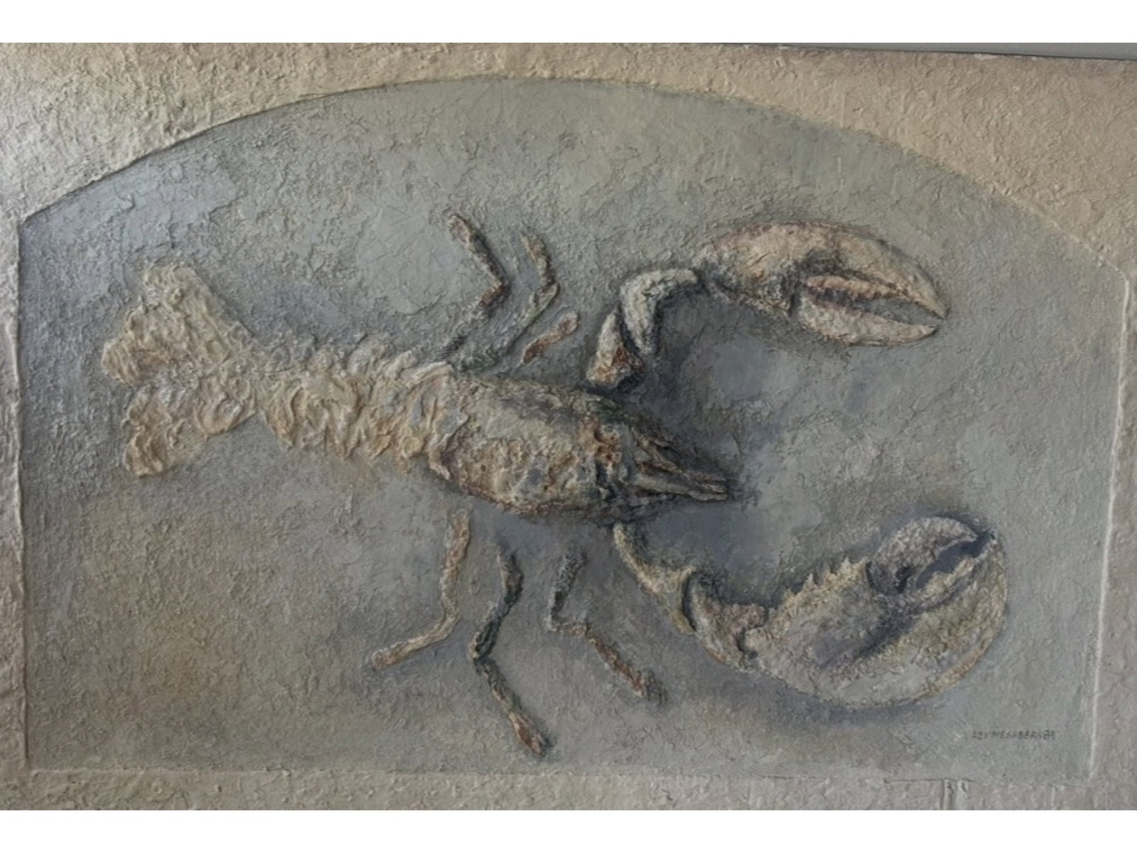 LEV MESHBERG LOBSTER MIXED MEDIA BAS-RELIEF ON BOARD, 1984: A monumental and highly tactile mixed media painting by Ukrainian-American artist Lev Meshberg. Titled "Lobster" and executed in 1984, the large-scale work (36" x 24") showcases the artist's signature