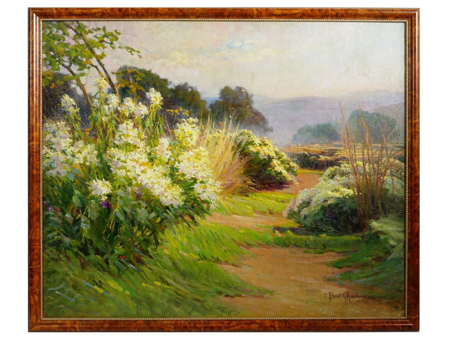 CLAUDIA BRET CHARBONNIER IMPASTO OIL LANDSCAPE PAINTING: A vibrant and heavily textured Impressionist oil on canvas landscape by recognized French artist Claudia-Julia Bret-Charbonnier (1863-1951). The composition features a sun-dappled outdoor scene execut